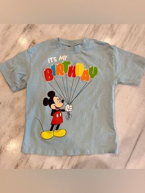 NEXT Disney Mickey Mouse "It's My Birthday" Light Blue Kids T-Shirt Size 2-3 Yrs